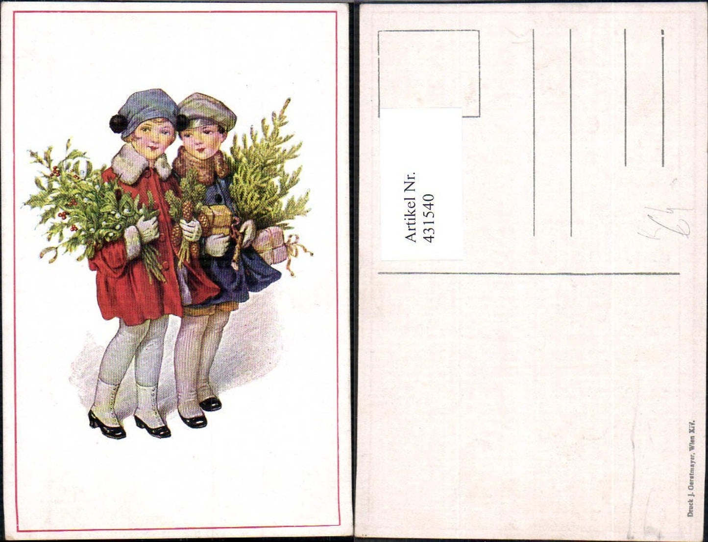 431540,Künstler Ak Kinder Mädchen Mantel Hut Geschenke Pakete Tanne Mistelzweige