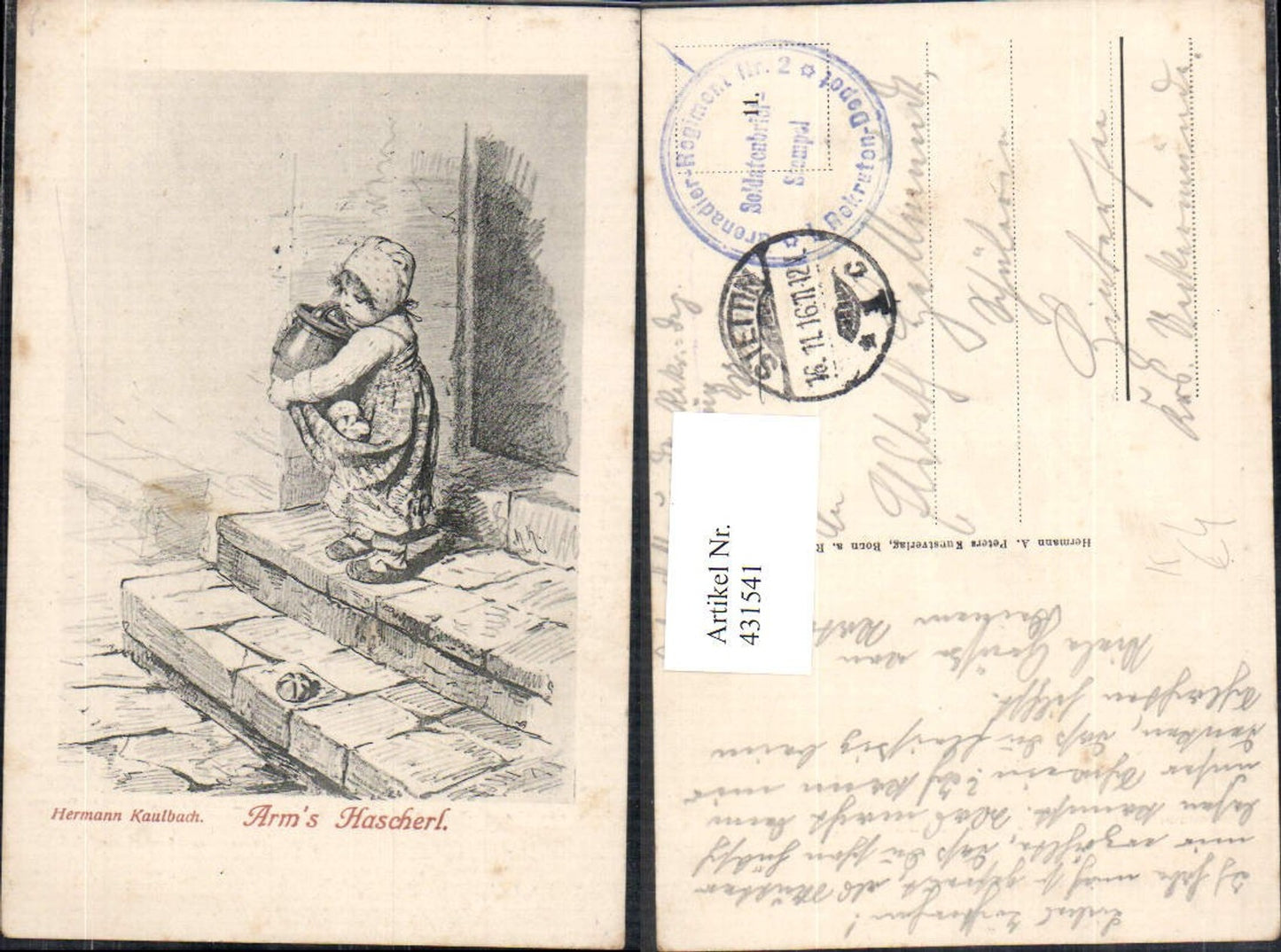 431541,Künstler Ak Hermann Kaulbach Arms Hascherl Mädchen Kind trägt Topf Brot