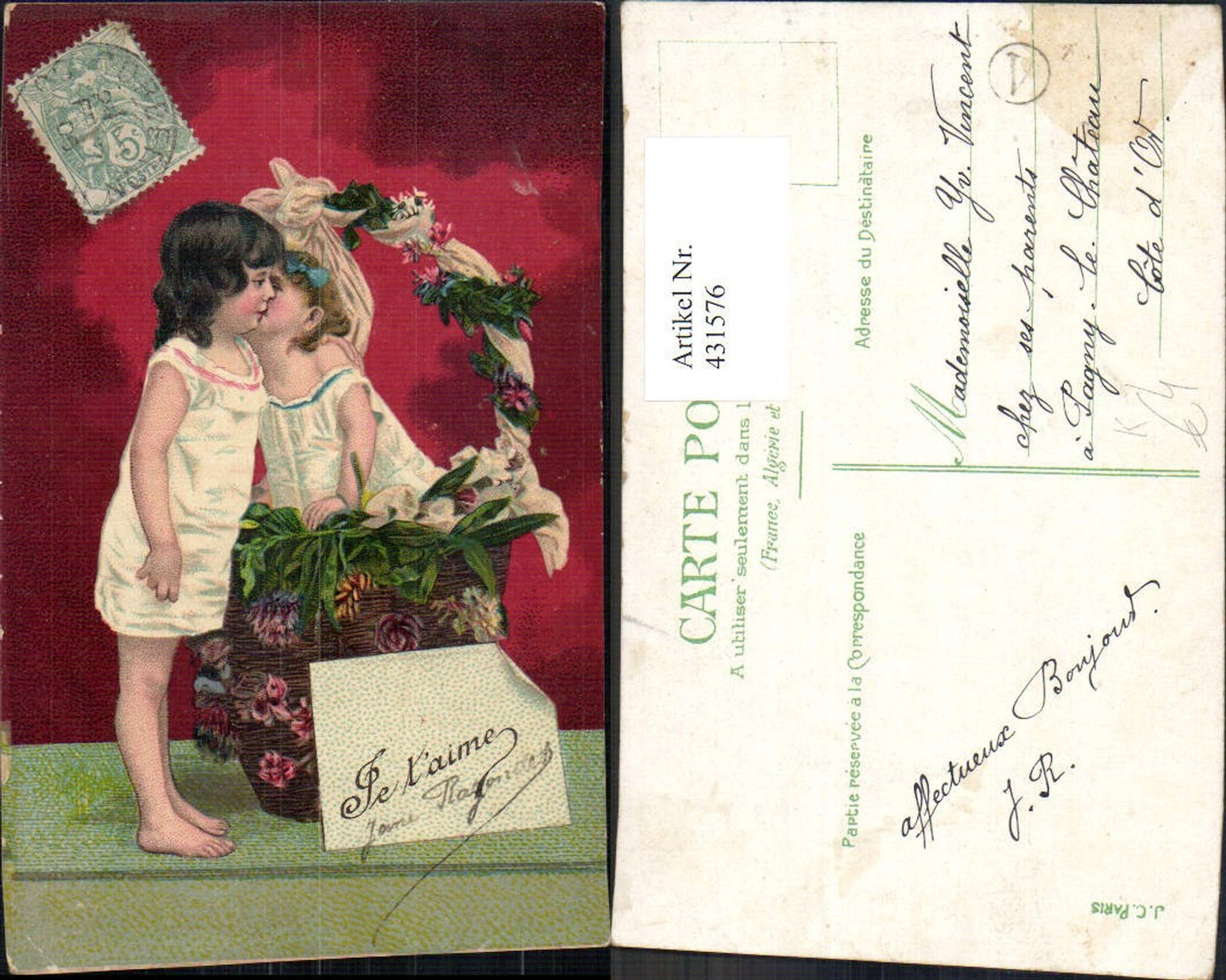 431576,Künstler Ak Kinder Korb m. Schleife Blumen Je taime Liebe