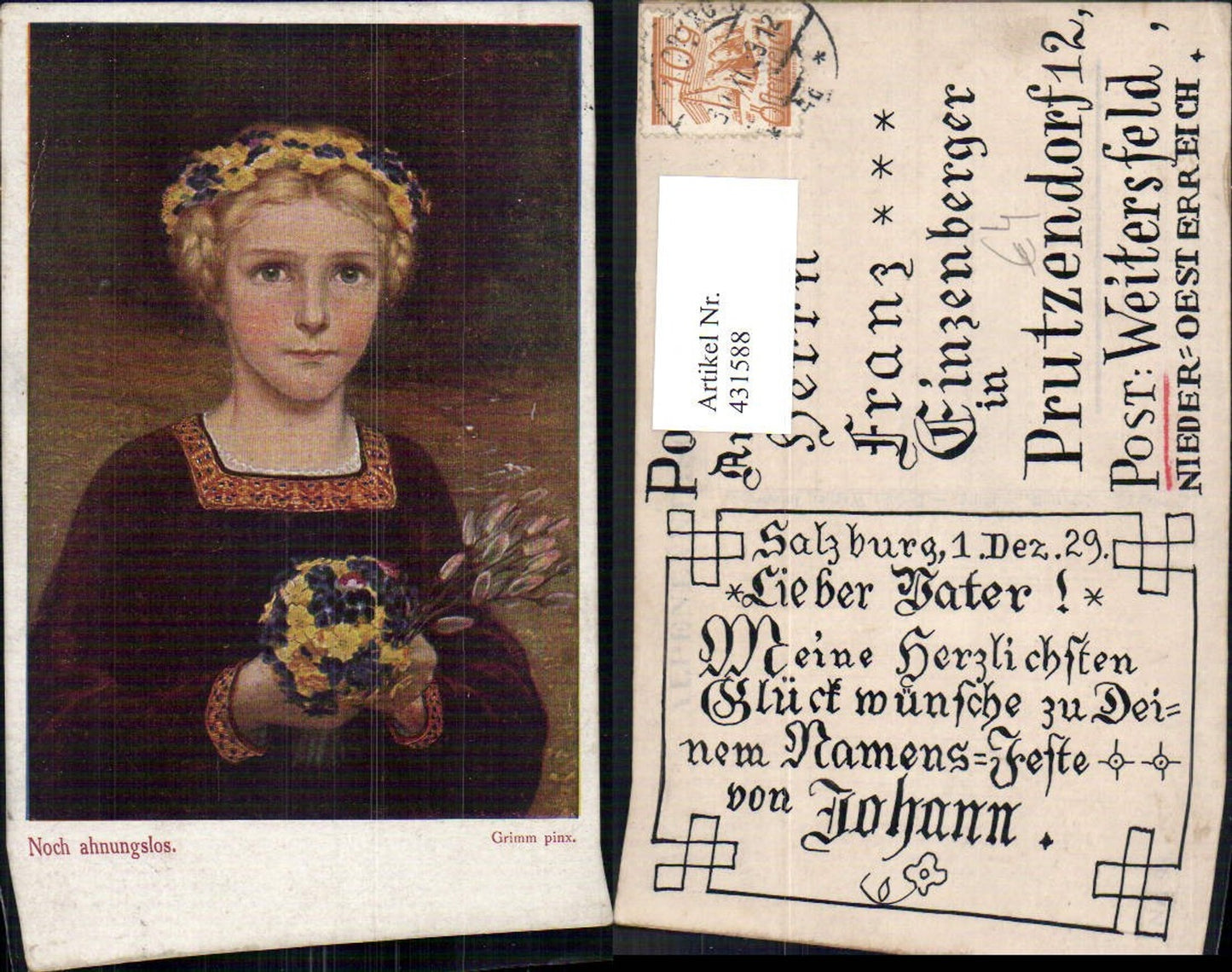 431588, Artist Ak Grimm Still unsuspecting Child Girl Braid Flower wreath Flowers