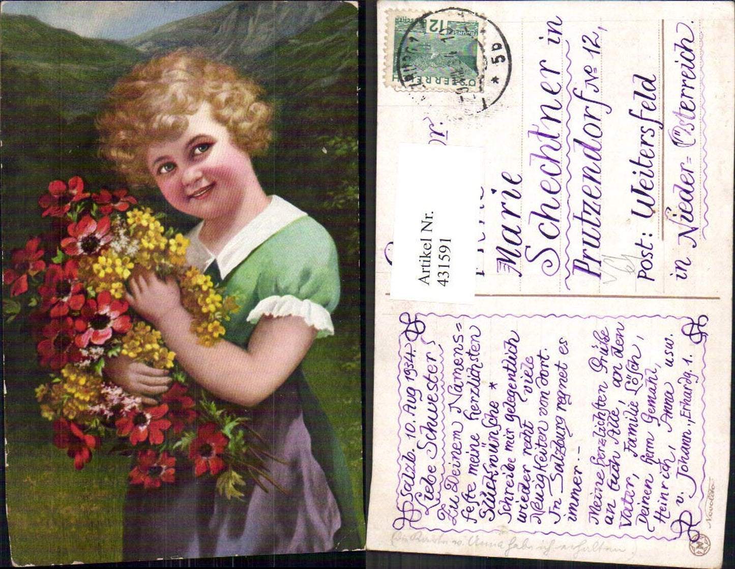 431591,Künstler Ak Blondes Kind Mädchen Lockenkopf Blumen Strauß pub Novolito