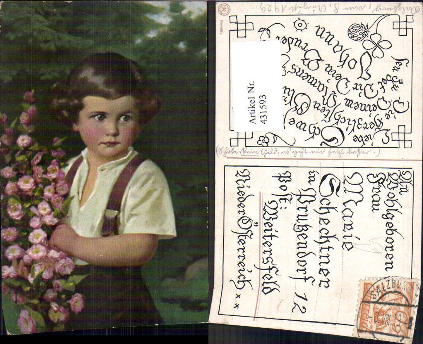 431593, Artist Ak Child Boy Roses Flowers