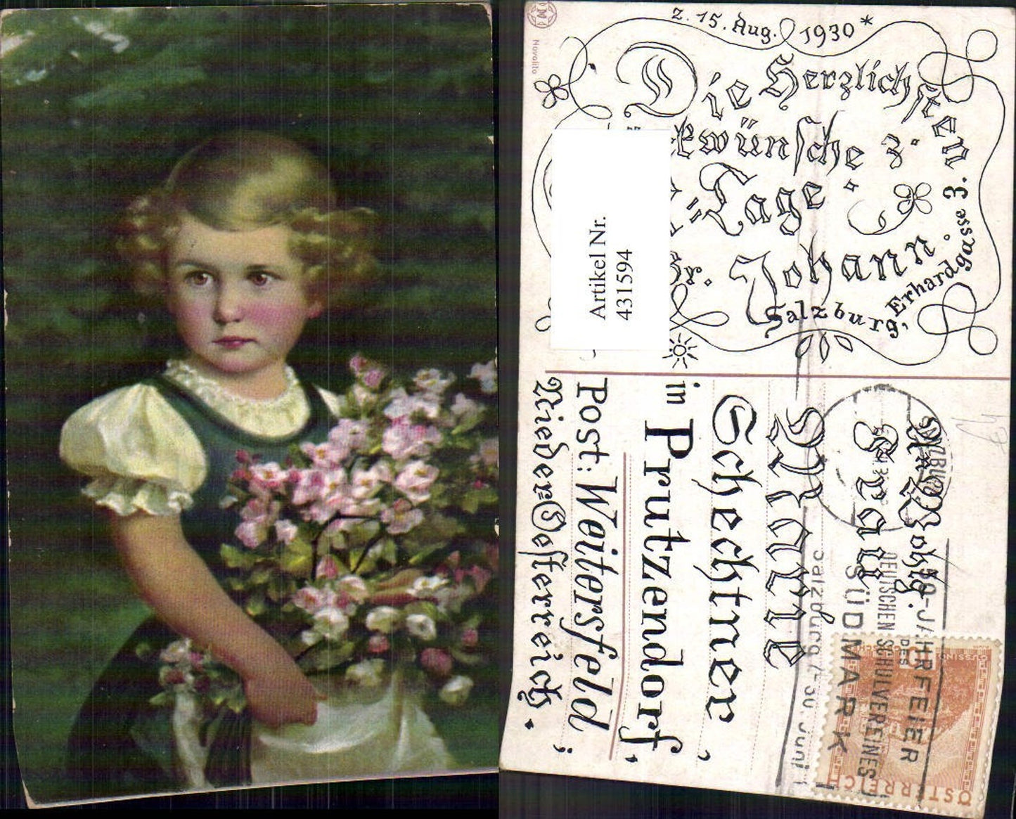 431594,Künstler Ak Kind Lockenkopf Blondes Mädchen Blumen Strauß
