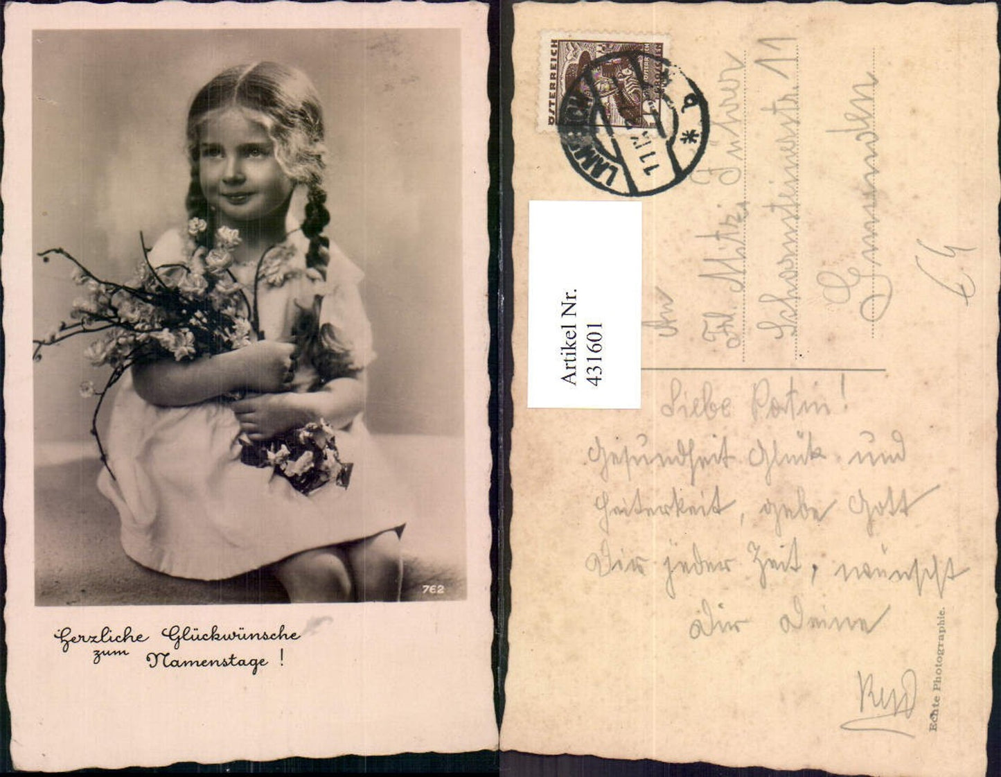 431601,Foto Ak Kind Mädchen Zopf Strauß m. Blumen Blütenzweige Namenstag