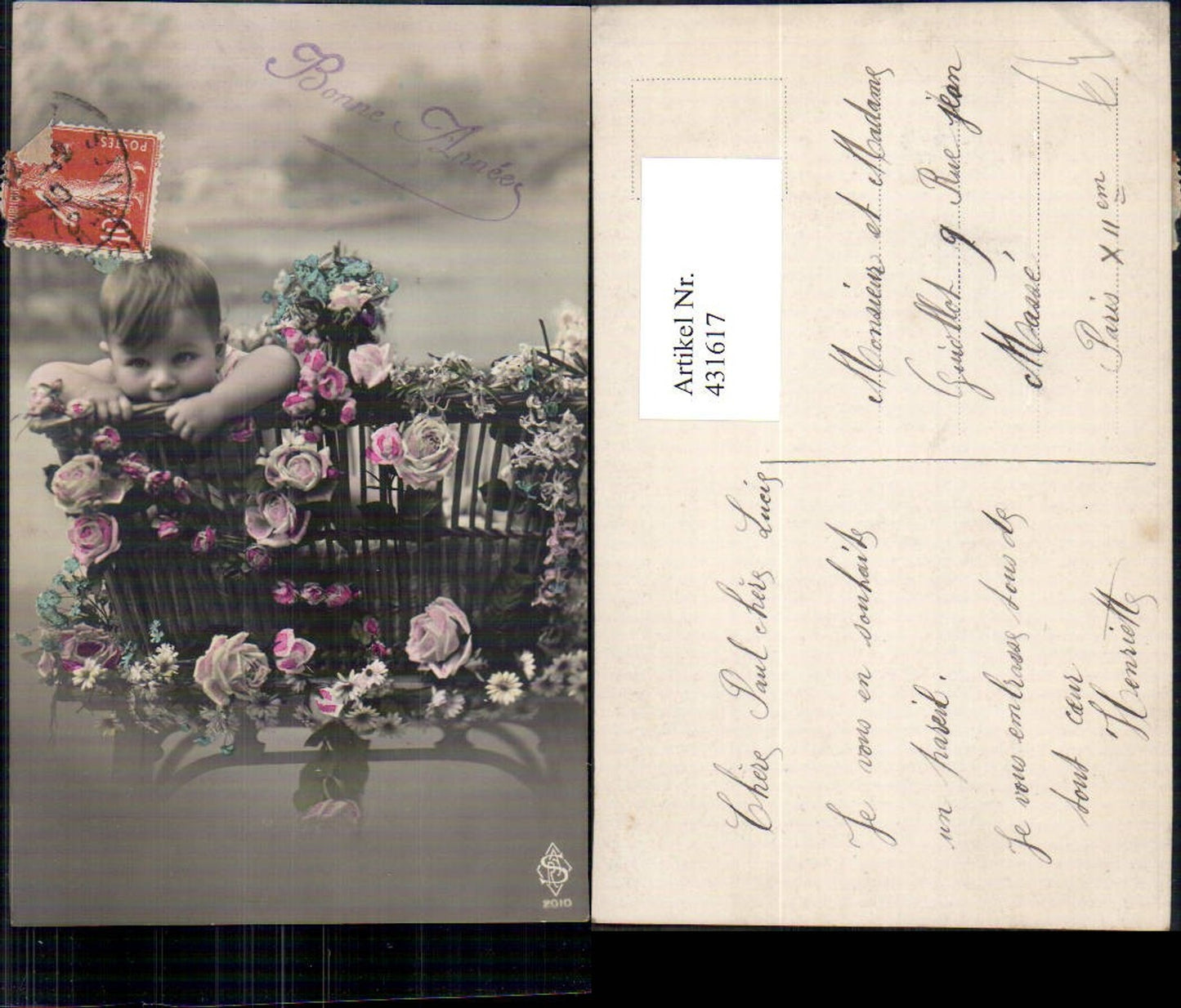 431617,Foto Ak Kind Kleinkind in Korb m. Blumen Rosen