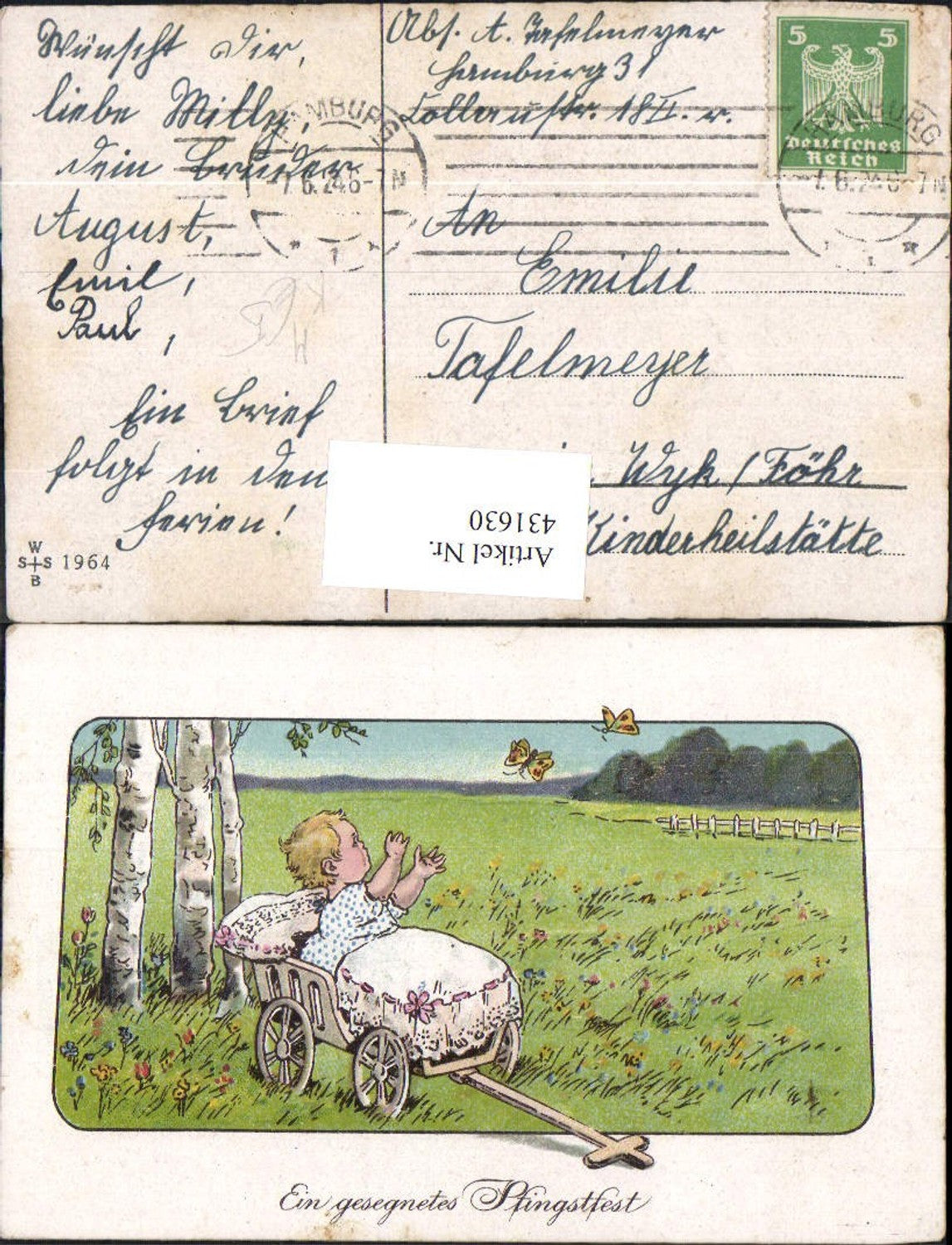 431630,Künstler Ak Kind Kleinkind i. Leiterwagen Schmetterlinge Blumen Birken Pfingsten