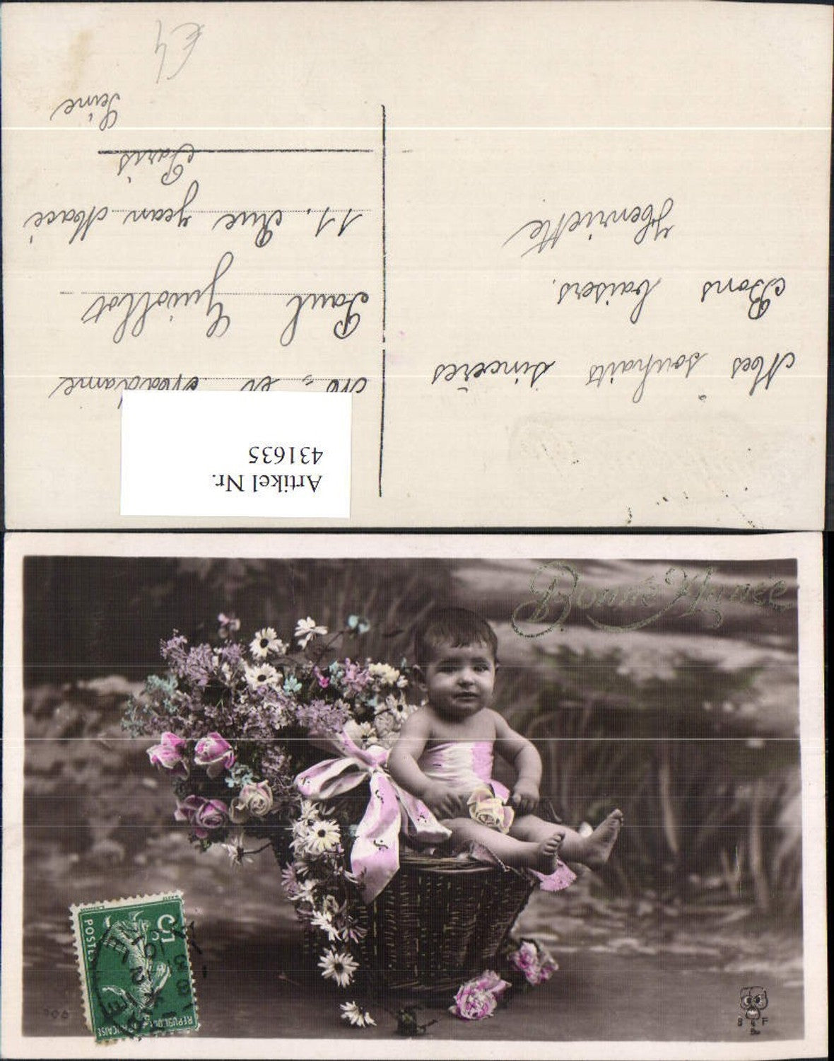 431635,Foto Ak Kind Bub Junge Schleife Blumen Korb Bonne Annee