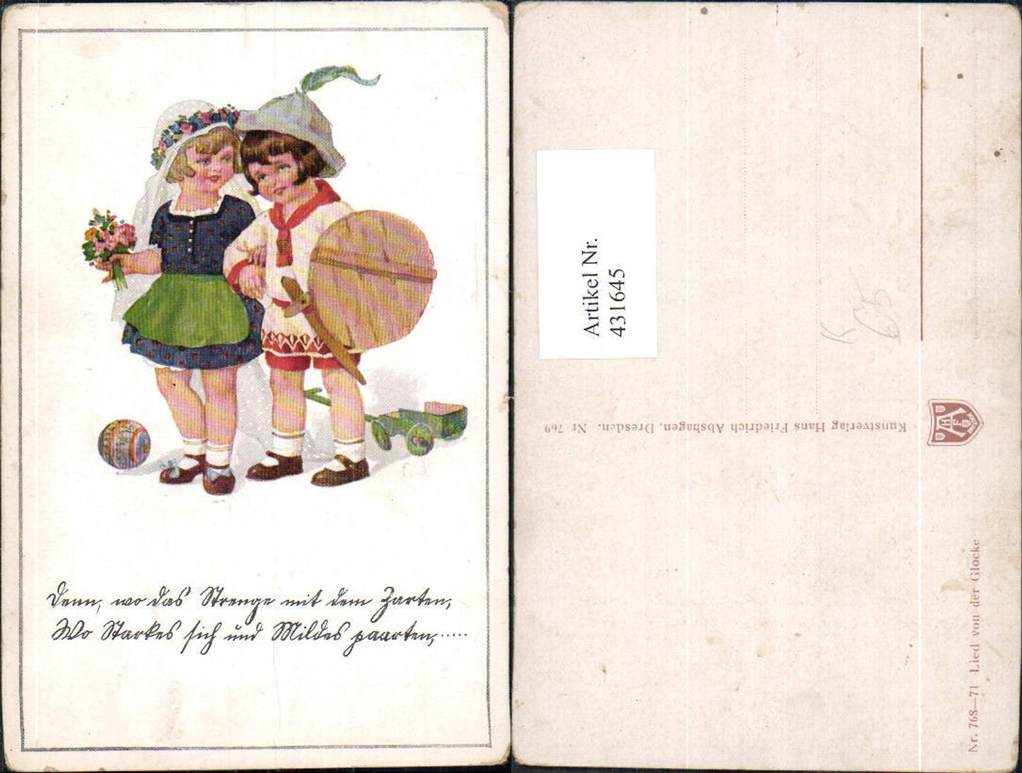 431645,Künstler Ak Lied v. d. Glocke Kinder Mädchen Hochzeit Spielzeug Ball Leiterwagen