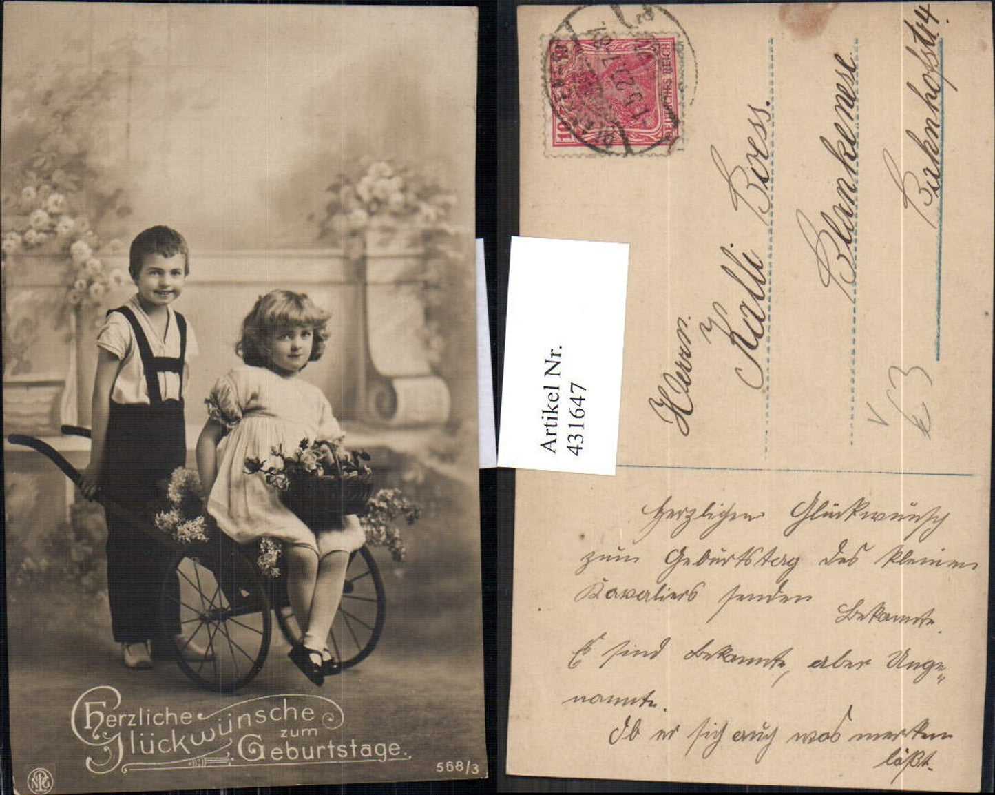 431647,Foto Ak Kinder Schubkarre Scheibtruhe Korb Blumen Geburtstag pub NPG 568/3