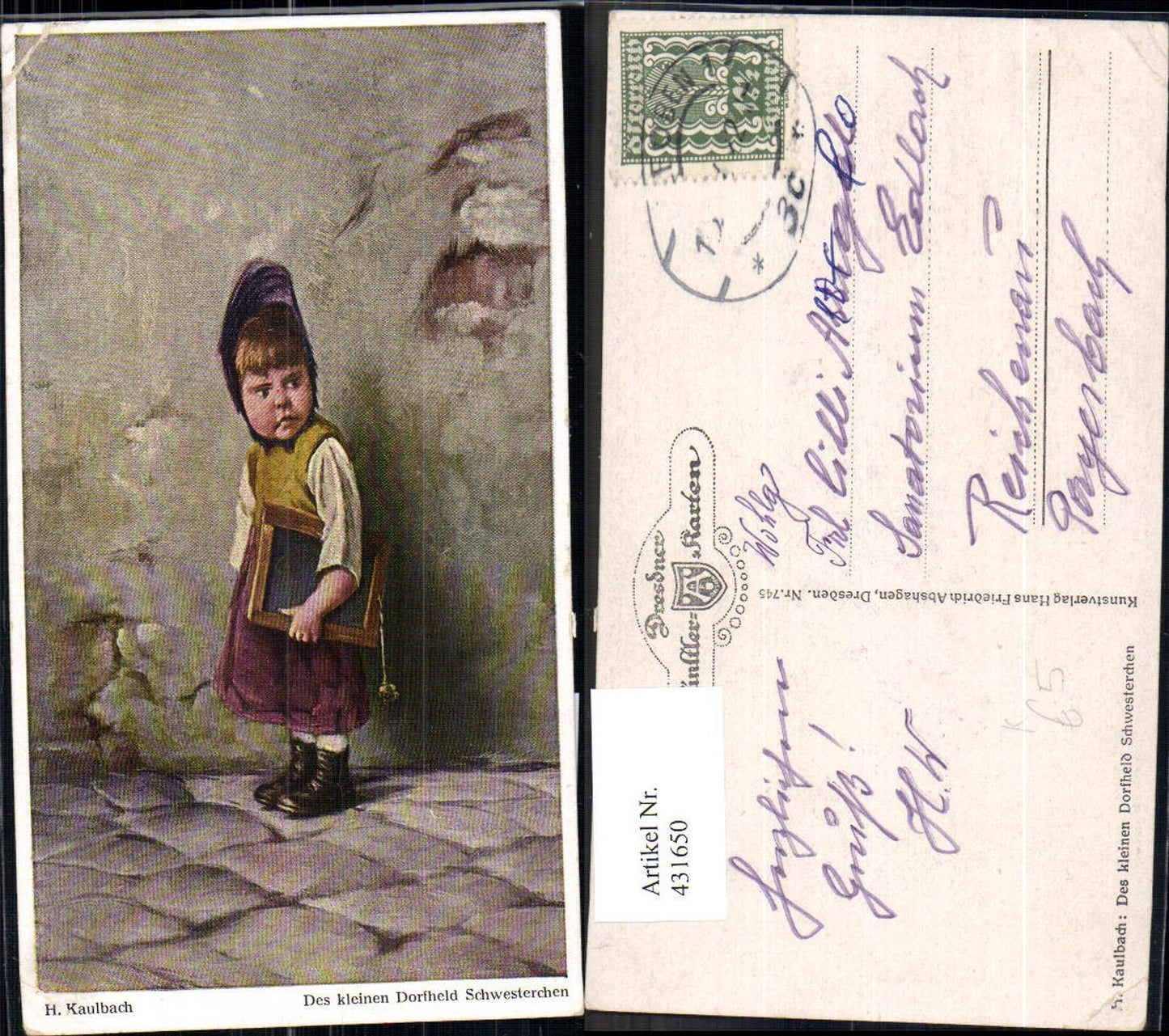 431650,Künstler Ak H. Kaulbach Des kleinen Dorfheld Schwesterchen Kind Mädchen Schiefertafel Schule