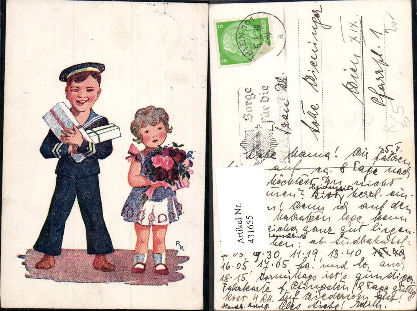 431655,Künstler Ak Kinder Bub Junge Uniform Matrosenanzug Mädchen Blumenstrauß