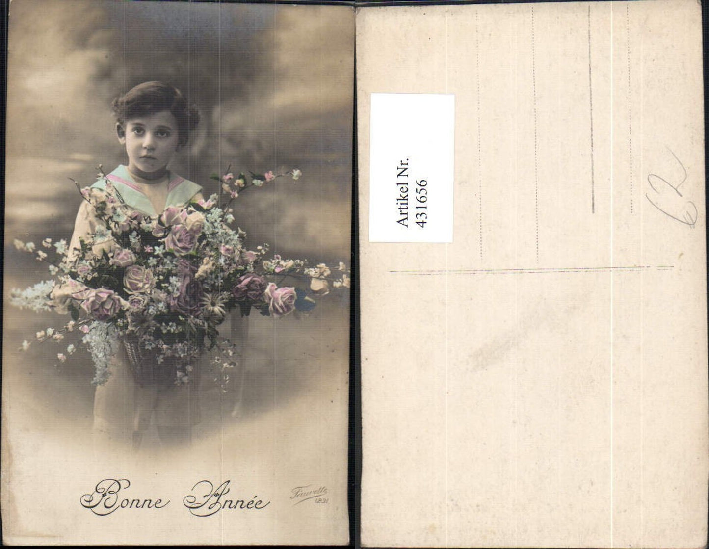 431656,Foto Ak Kind Bub Junge Uniform Matrosenanzug Blumen Korb Bonne Annee