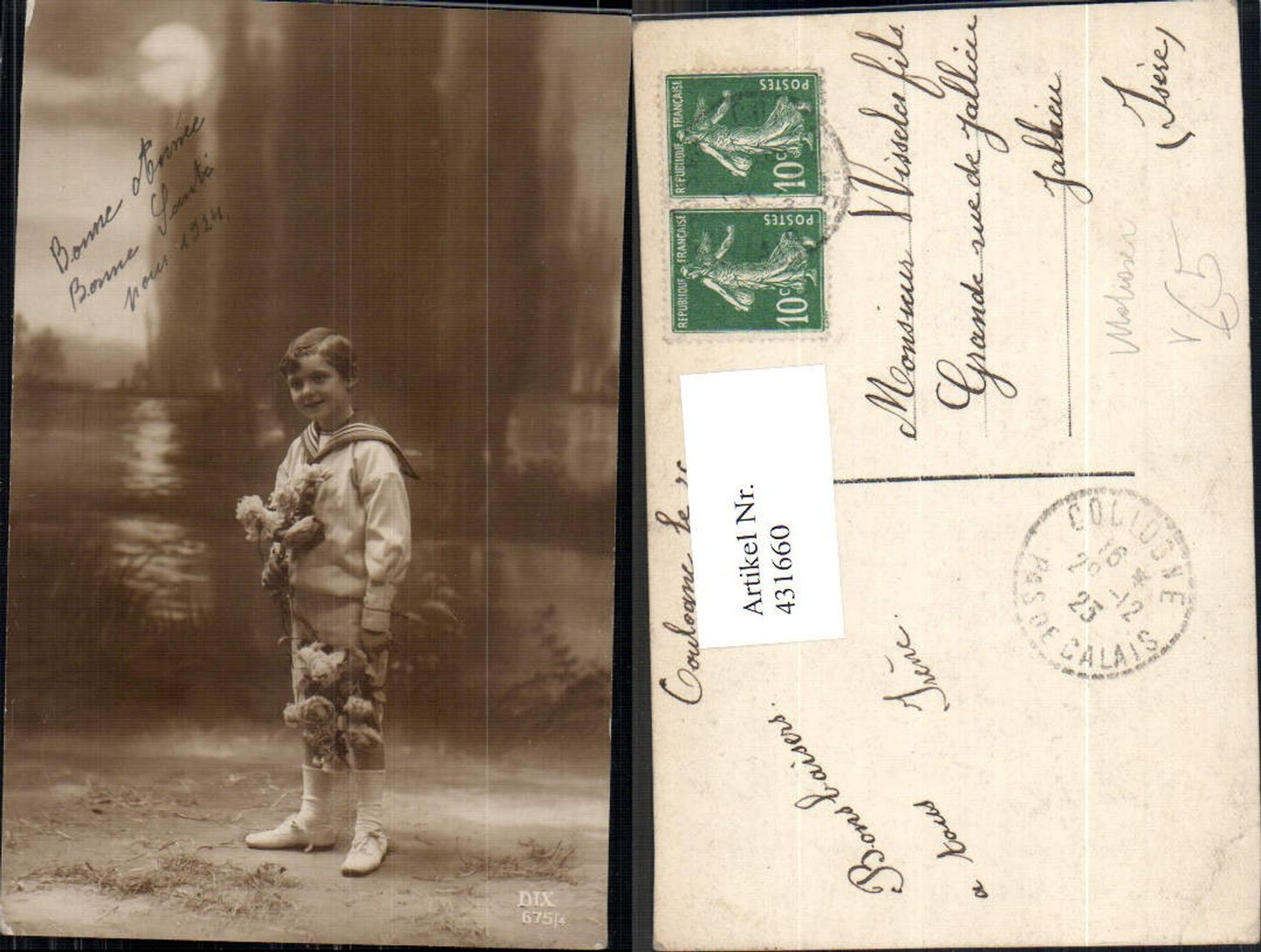 431660,Foto Ak Kind Bub Junge Uniform Matrosenanzug Matrose Blumen pub DIX 675/4