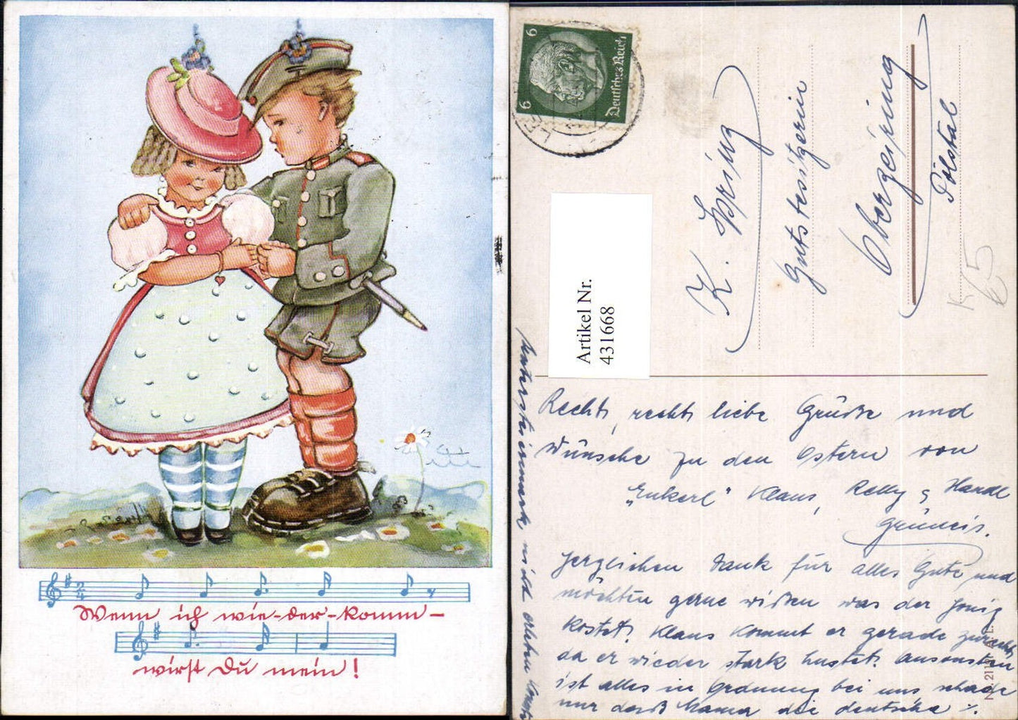 431668,Künstler Ak Kinder Uniform Blume Tracht Notenzeile Text