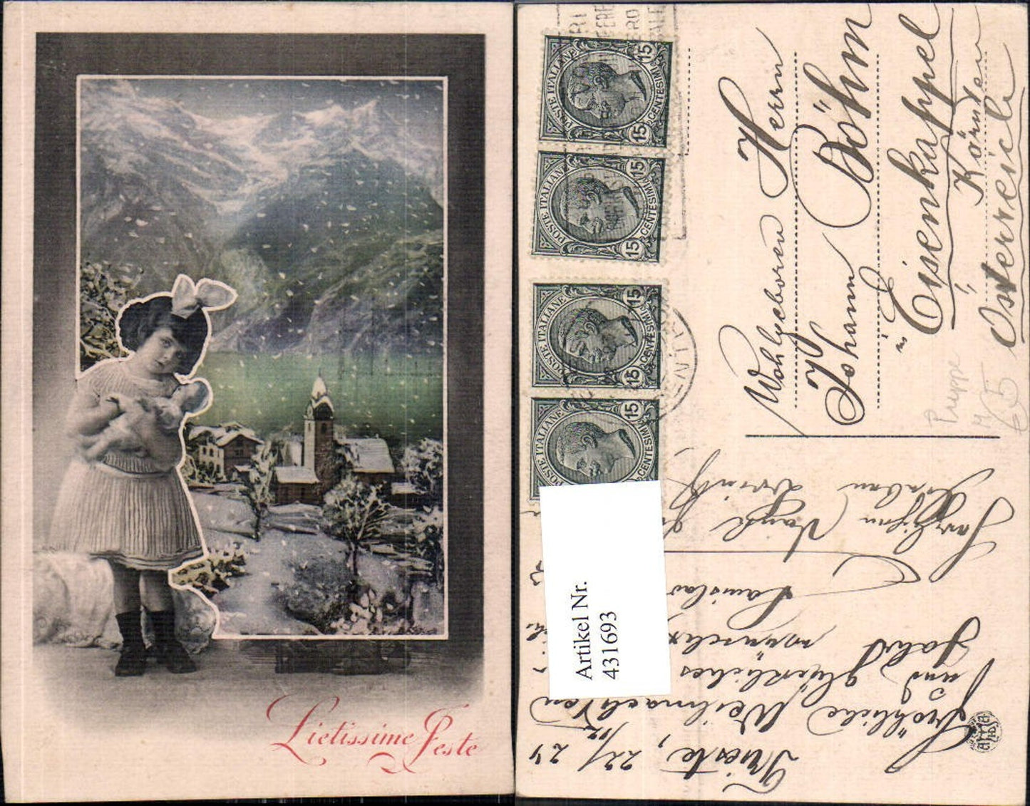 431693,Fotomontage Mädchen Haarschleife Puppe Spielzeug Winterdorf