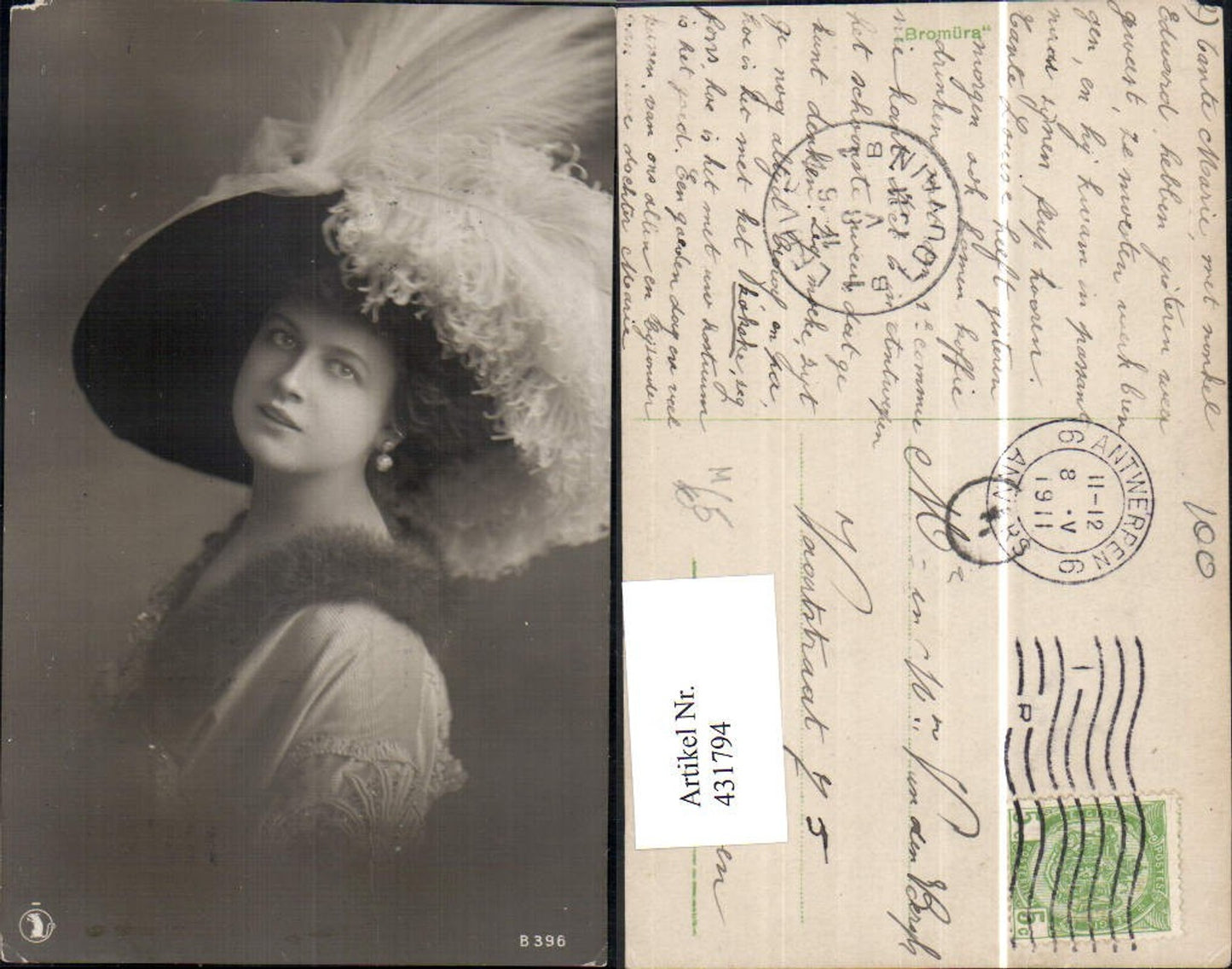 431794,Foto Ak Frau m. Hut Federhut Hutmode Portrait