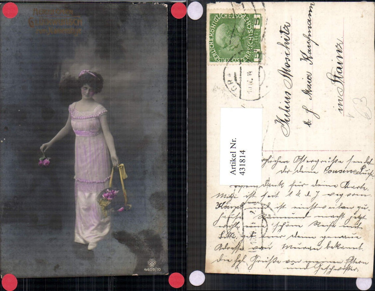 431814,Frau Kleid Lockenkopf Haarband Hut als Korb Blumen Namenstag pub RPH SBW 4609/10