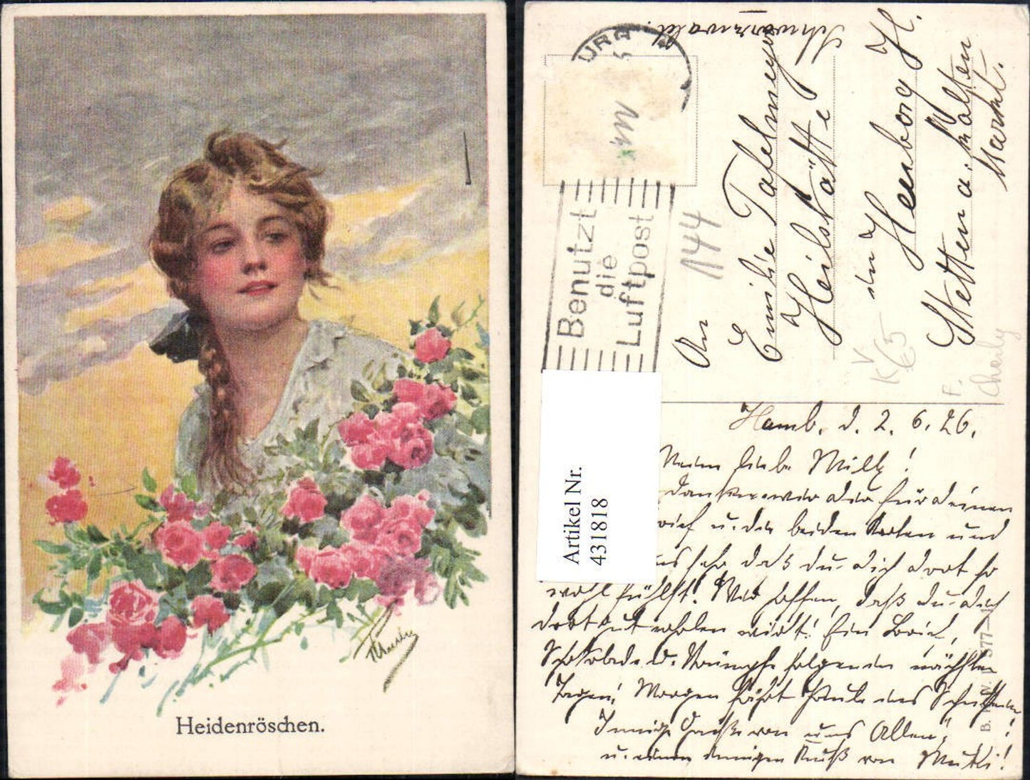 431818,Künstler Ak F. Charly Frau Zopf Haarband Rosen Blumen Heidenröschen pub B.K.W.I. 577/1