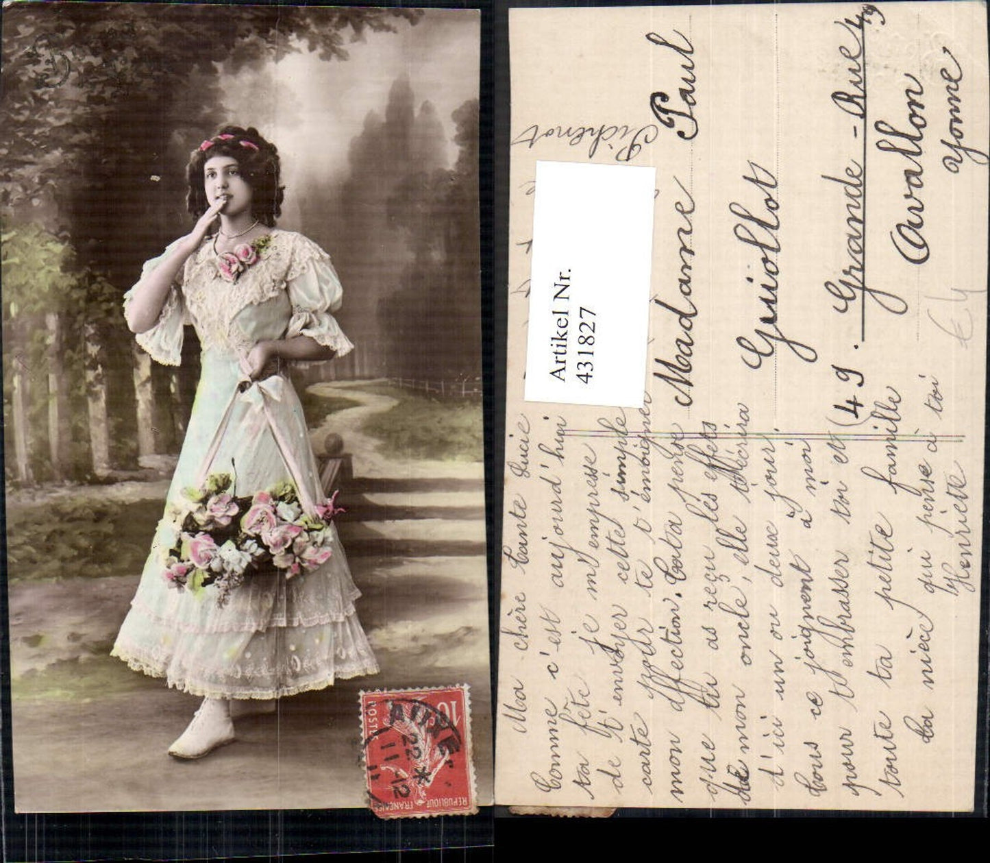 431827,Frau Kleid Haarband Lockenkopf Korb m. Blumen