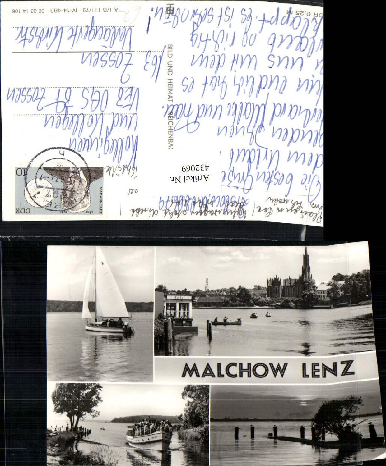 432069,Malchow Lenz Teilansicht Kirche Segelboot Boot Mehrbildkarte