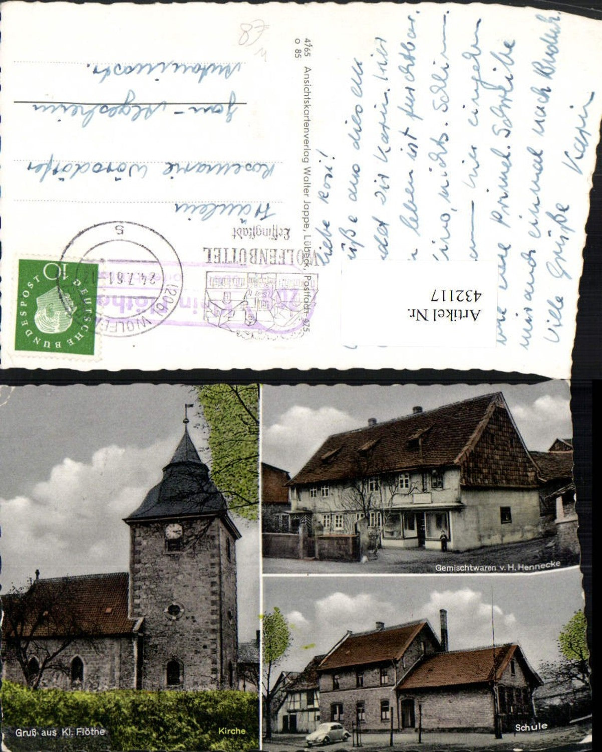 432117,Klein Flöthe Kirche Gemischtwarenladen Schule Mehrbildkarte