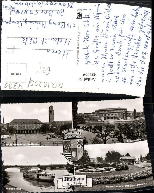 432559,Mülheim an d. Ruhr Stadthalle Rathaus Weiße Flotte Bahnhof Blumenuhr Mehrbildkarte