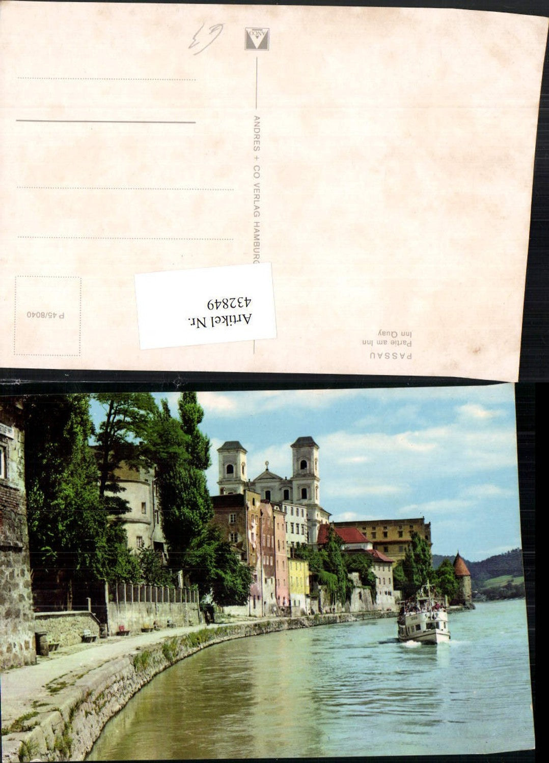 432849, Passau, section on the Inn River, boat, church