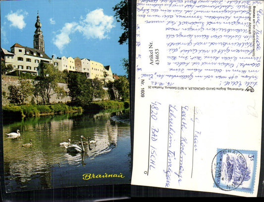434653,Braunau am Inn Teilansicht Kirchenturm Fluss Schwäne