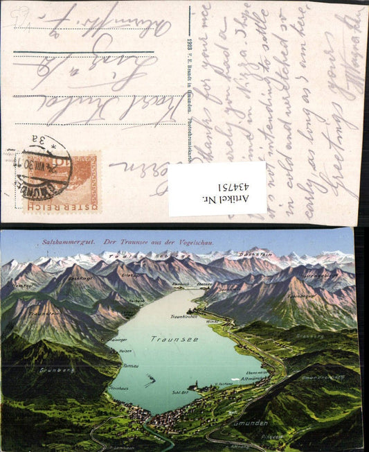 434751,Traunsee See aus d. Vogelschau Totale Gmunden Traunkirchen pub F. E. Brandt 1296