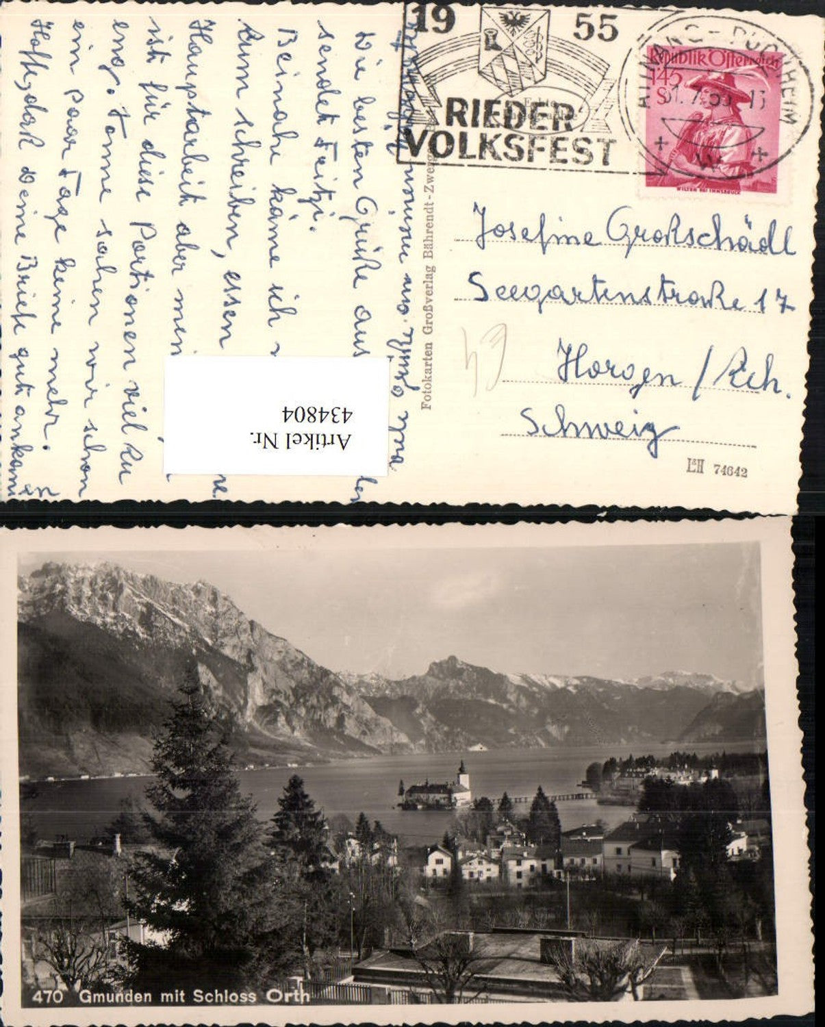 434804,Gmunden Teilansicht m. Schloss Orth Ort Bergkulisse