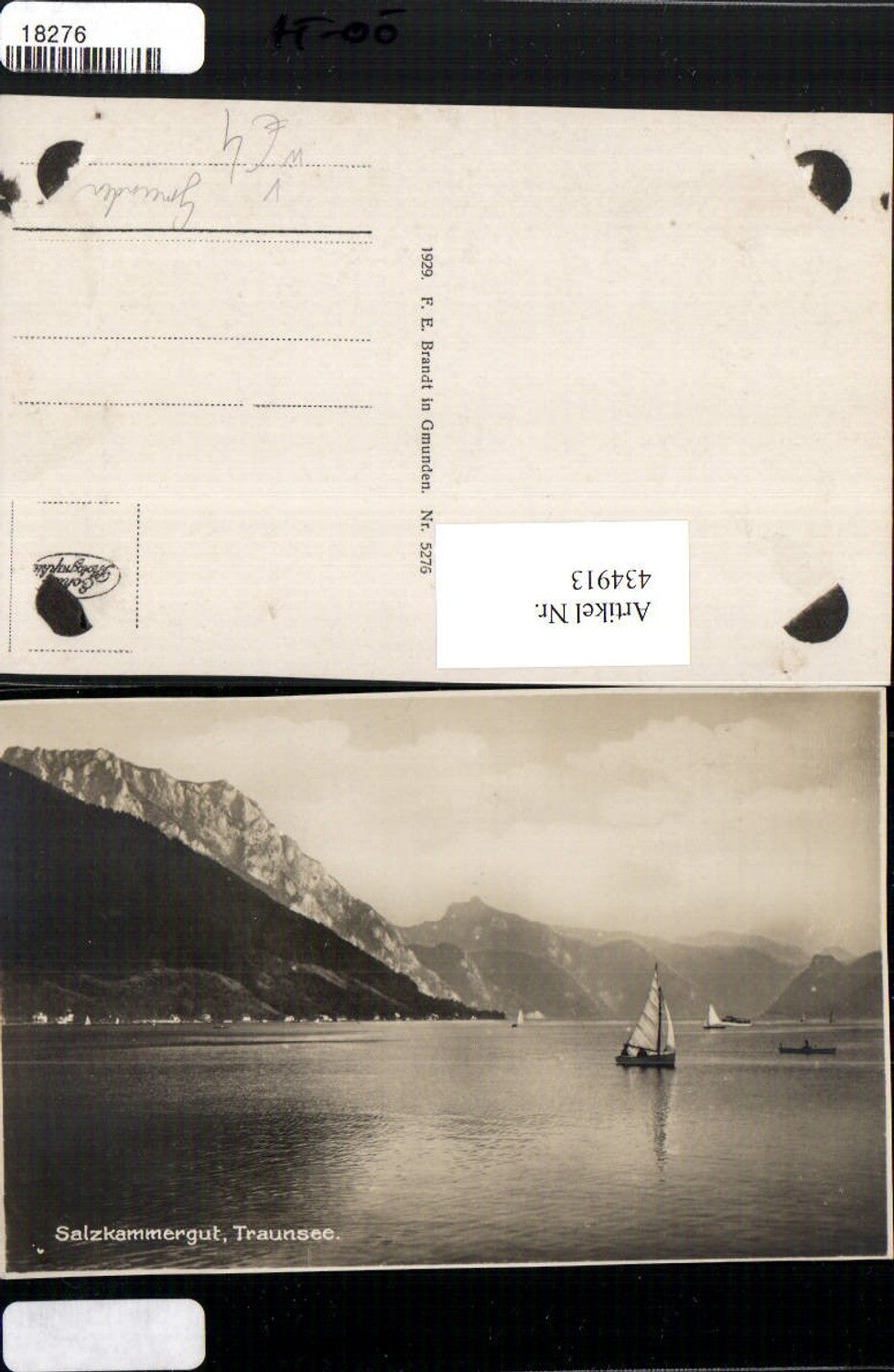 434913,Traunsee See b. Gmunden Segelboot Bergkulisse pub F. E. Brandt 5276