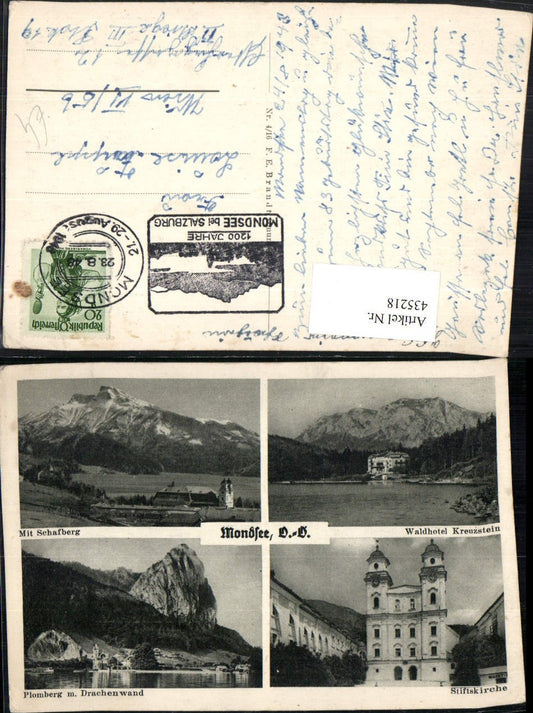 435218,Mondsee Teilansicht Stiftskirche Waldhote4l Kreuzstein Mehrbildkarte