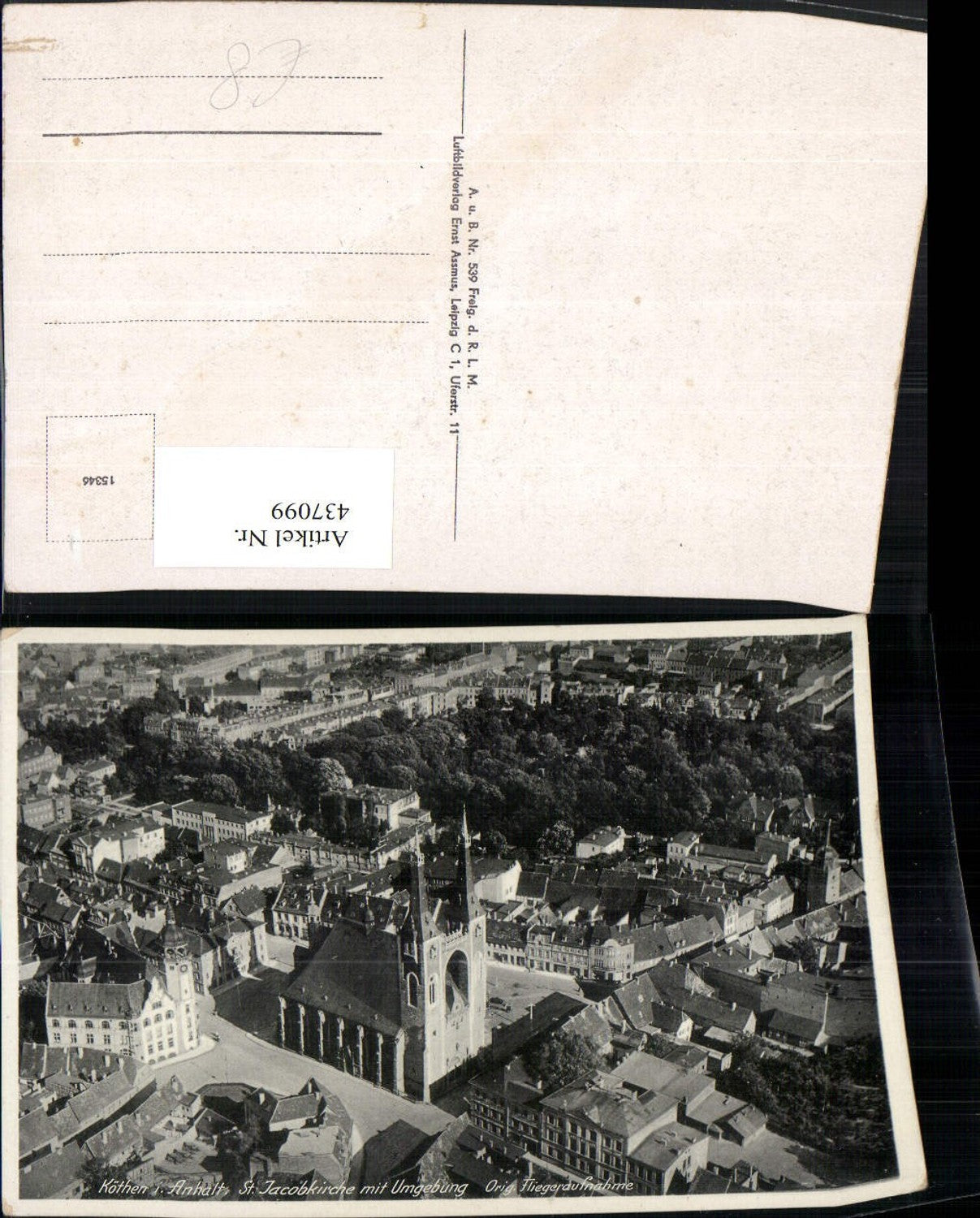 437099,Köthen Teilansicht m. St. Jacobkirche Kirche Fliegeraufnahme