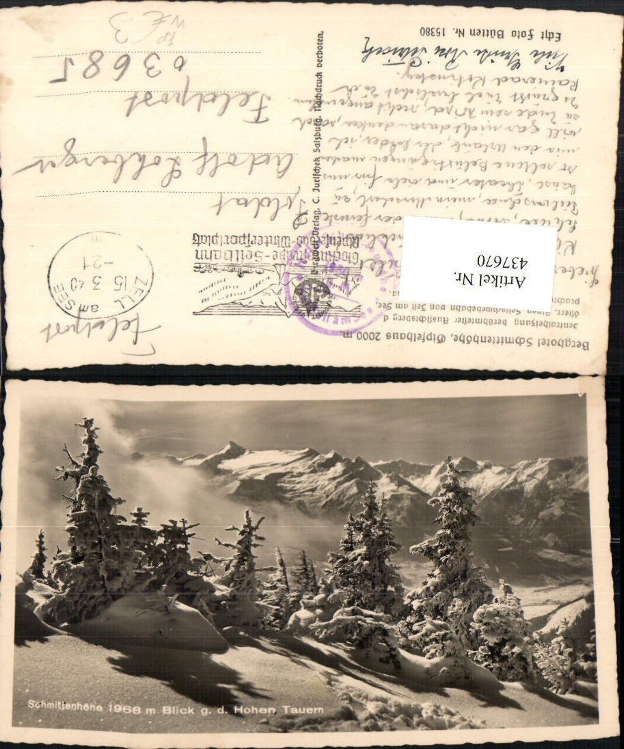 437670,Schmittenhöhe b. Zell am See geg. Hohe Tauern Bergkulisse Feldpost Nr. 03685