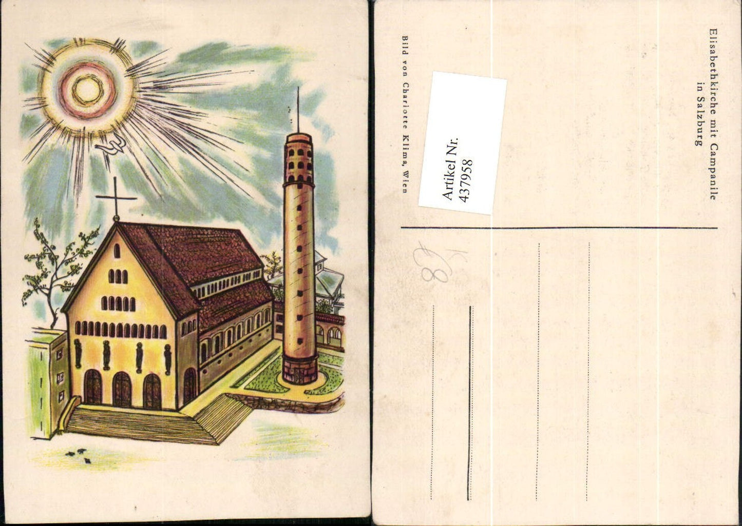 437958,Künstler AK Charlotte Klima Salzburg Elisabethkirche m. Campanile Sonne