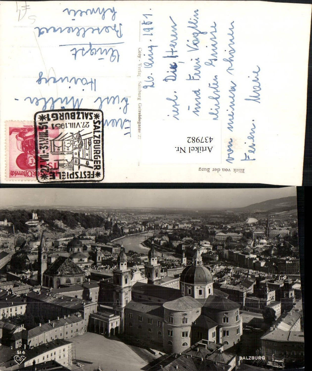 437982,Salzburg Teilansicht von d. Festung Kirche Festspiele 1951 pub Cosy 51b