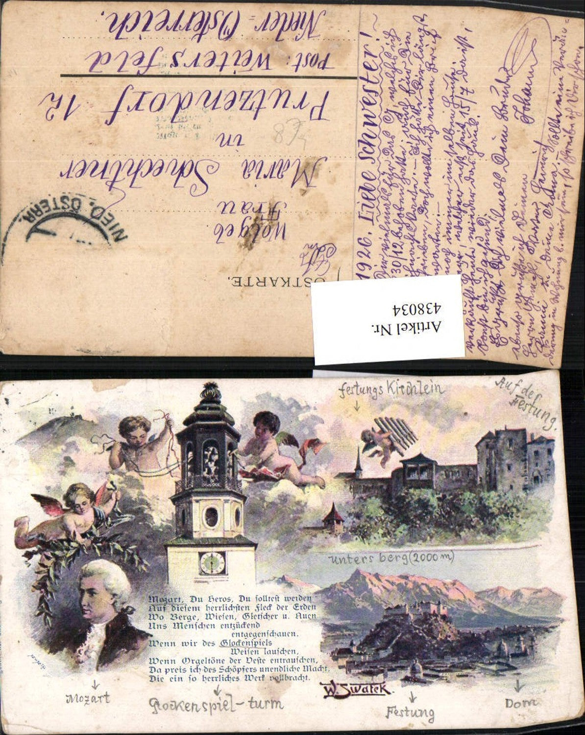 438034,Litho Salzburg Totale Festung Glockenspiel Mozart Engeln Mehrbildkarte