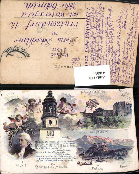 438034,Litho Salzburg Totale Festung Glockenspiel Mozart Engeln Mehrbildkarte