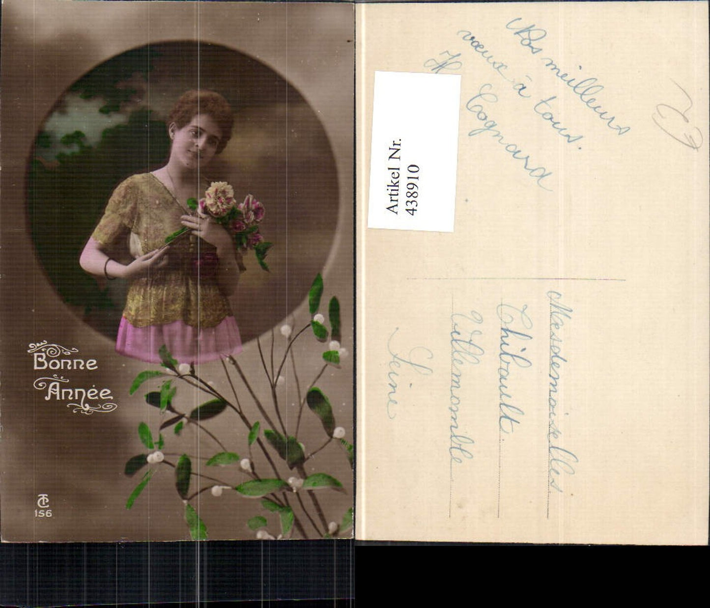 438910,Frau Kleid Blumenstrauß Passepartout Misteln Bonne Annee