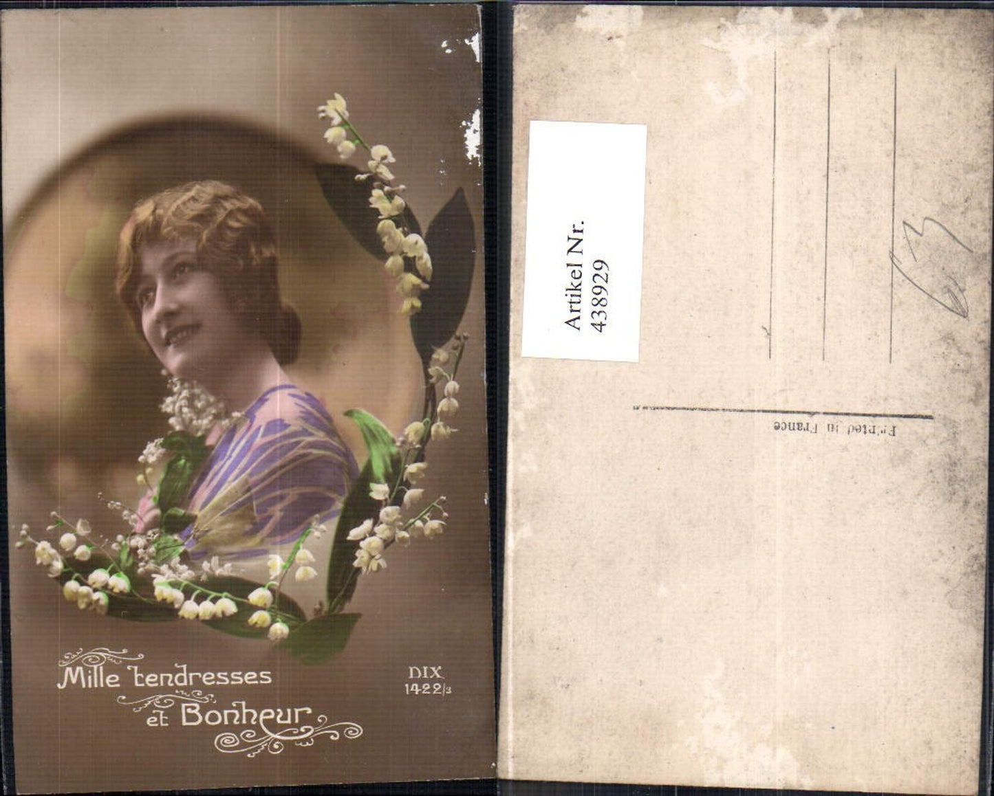 438929,Frau Haarknoten Maiglöckchen Blumen Mille tendresses et Bonheur pub DIX 1422/3