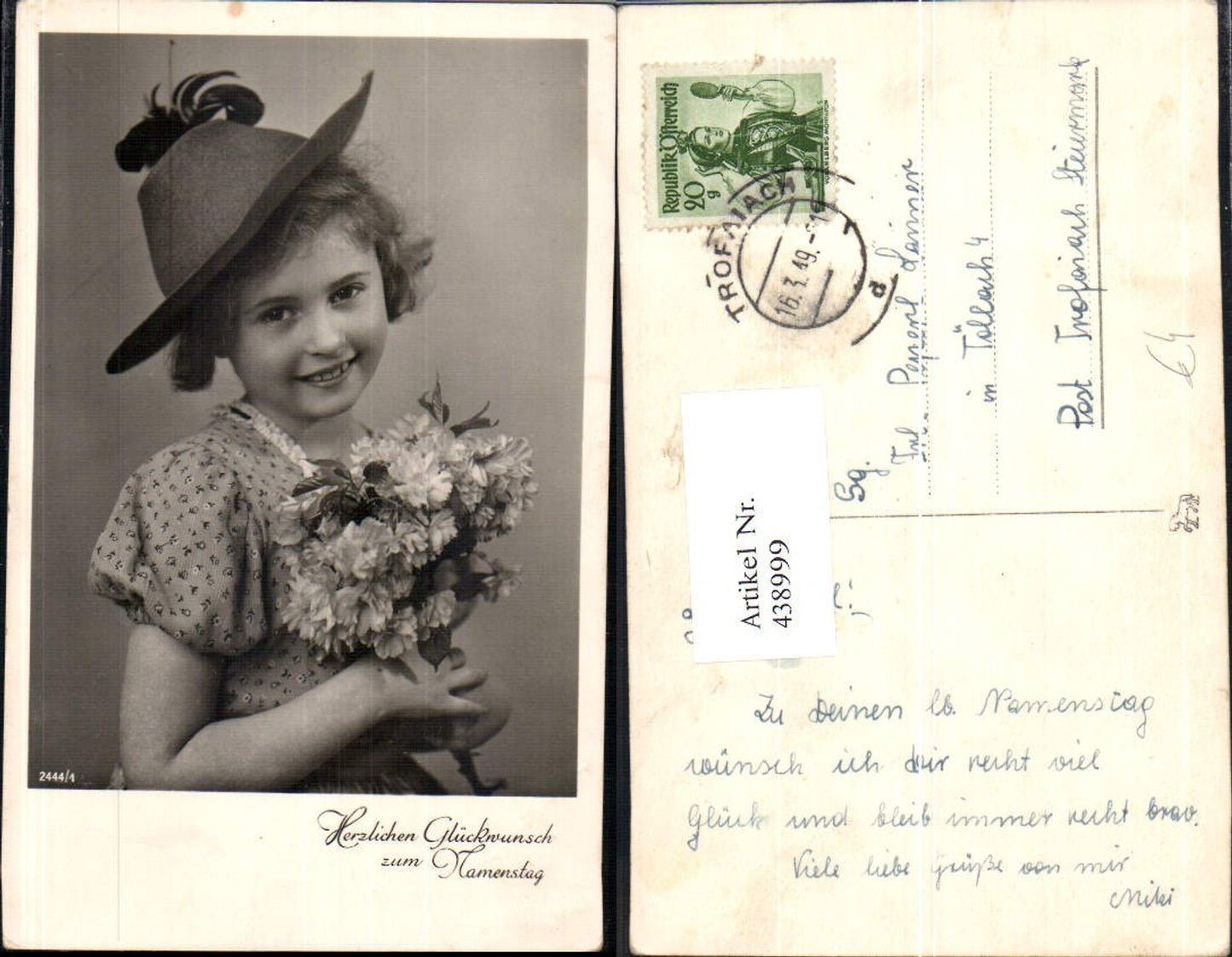 438999,Foto Ak Kind Mädchen i. Hut Blumenstrauß Blumen Namenstag