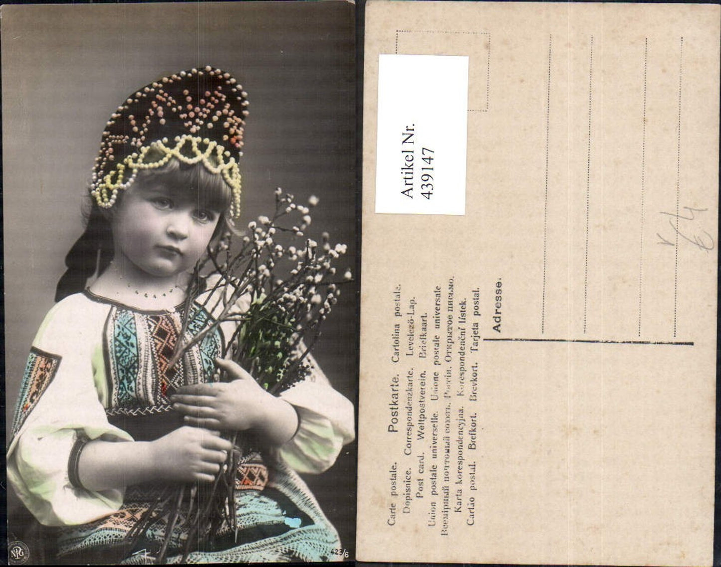 439147,Mädchen Kopfschmuck Hut Strauß Palmkätzchen Tracht pub NPG 423/6