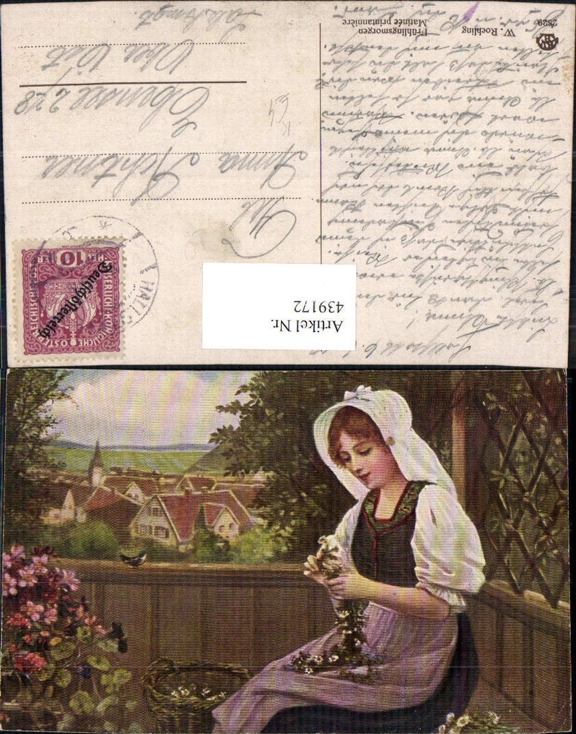 439172,Künstler Ak W. Roehling Frühlingsmorgen Frau Haube Korb m. Blumen