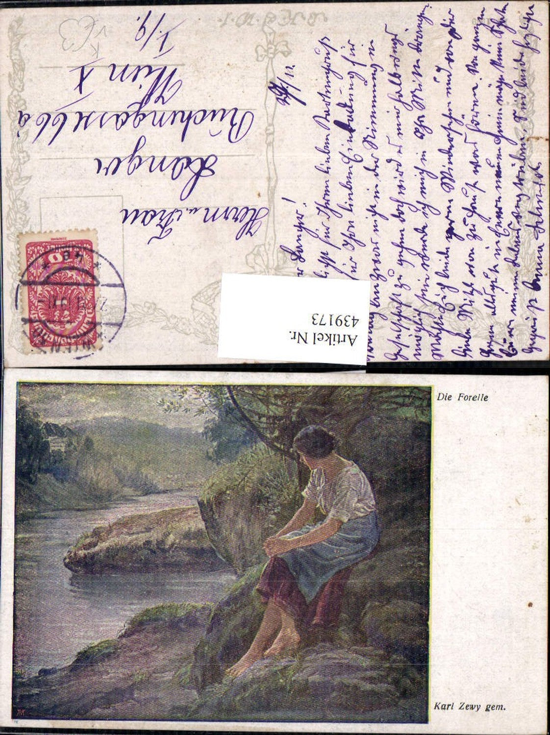 439173, Artist: Karl Zewy, The Trout, Woman Sitting on the Bank, Landscape, BKWI 1589