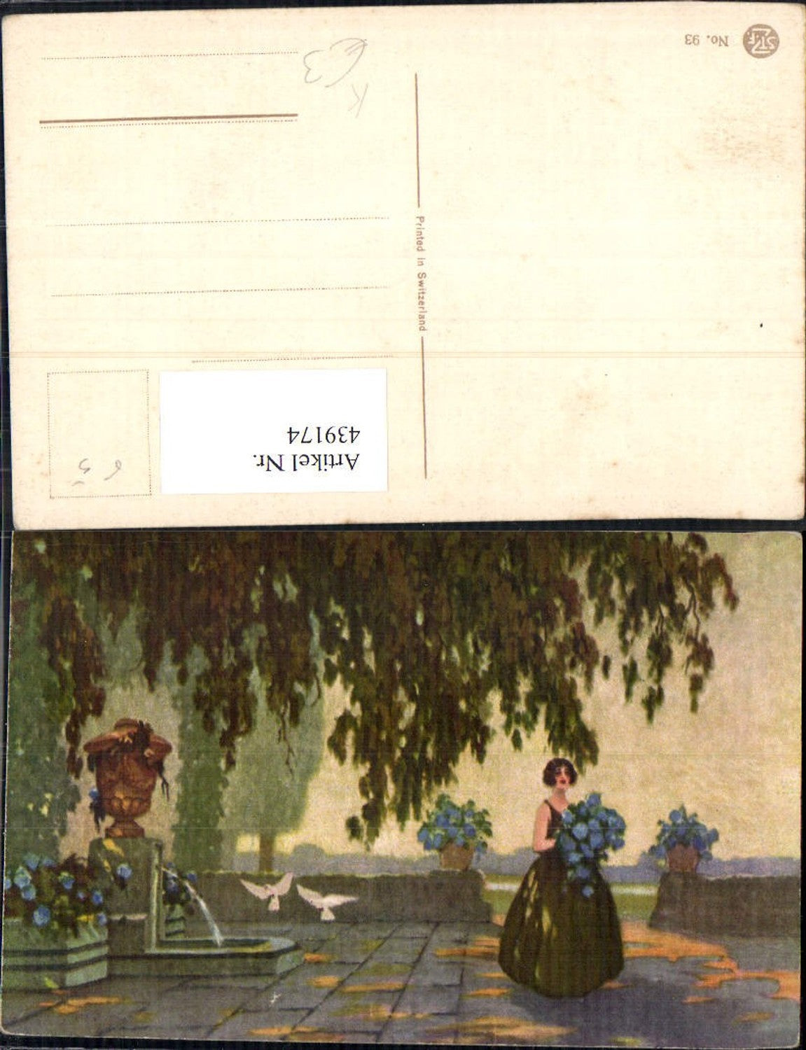 439174,Künstler Ak Frau m. Blumenstrauß Brunnen m. Tauben