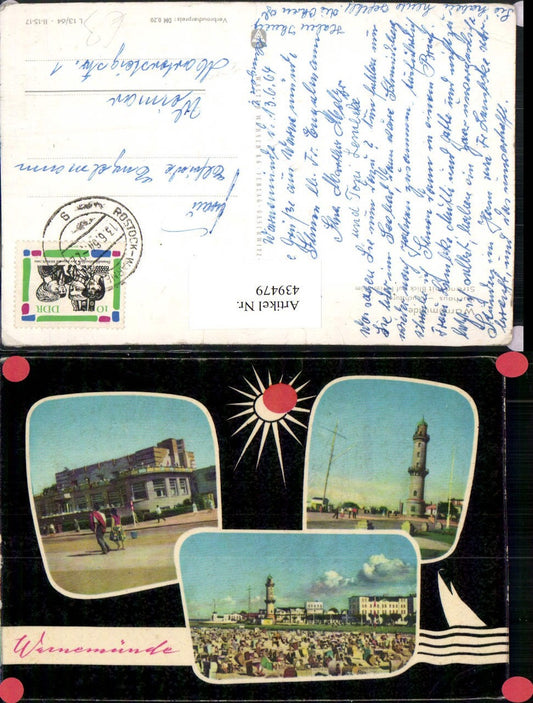 439479,Rostock Warnemünde Strand Leuchtturm Kurhaus Mehrbildkarte