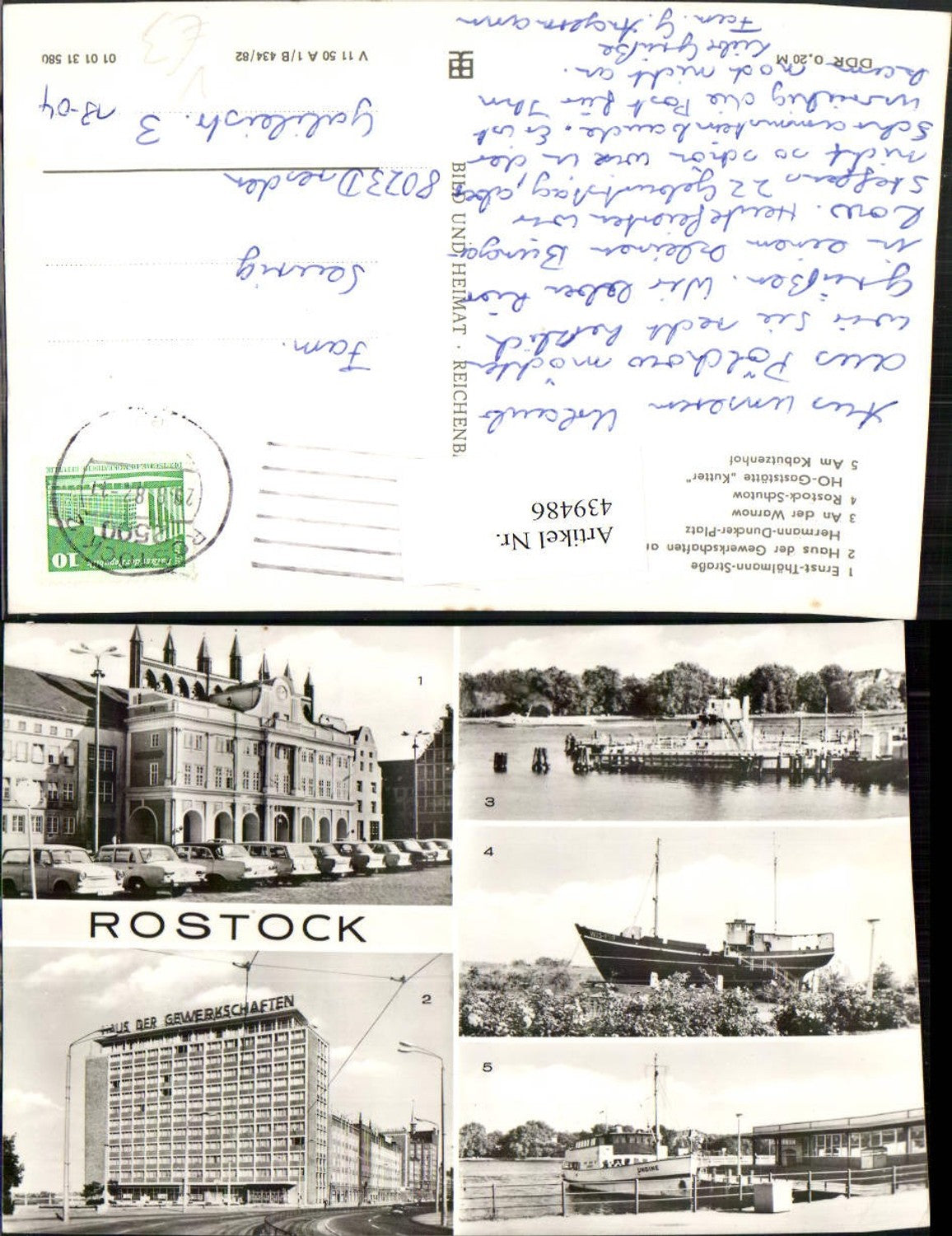 439486,Rostock Rathaus Haus d. Gewerkschaften Boot Mehrbildkarte pub VEB