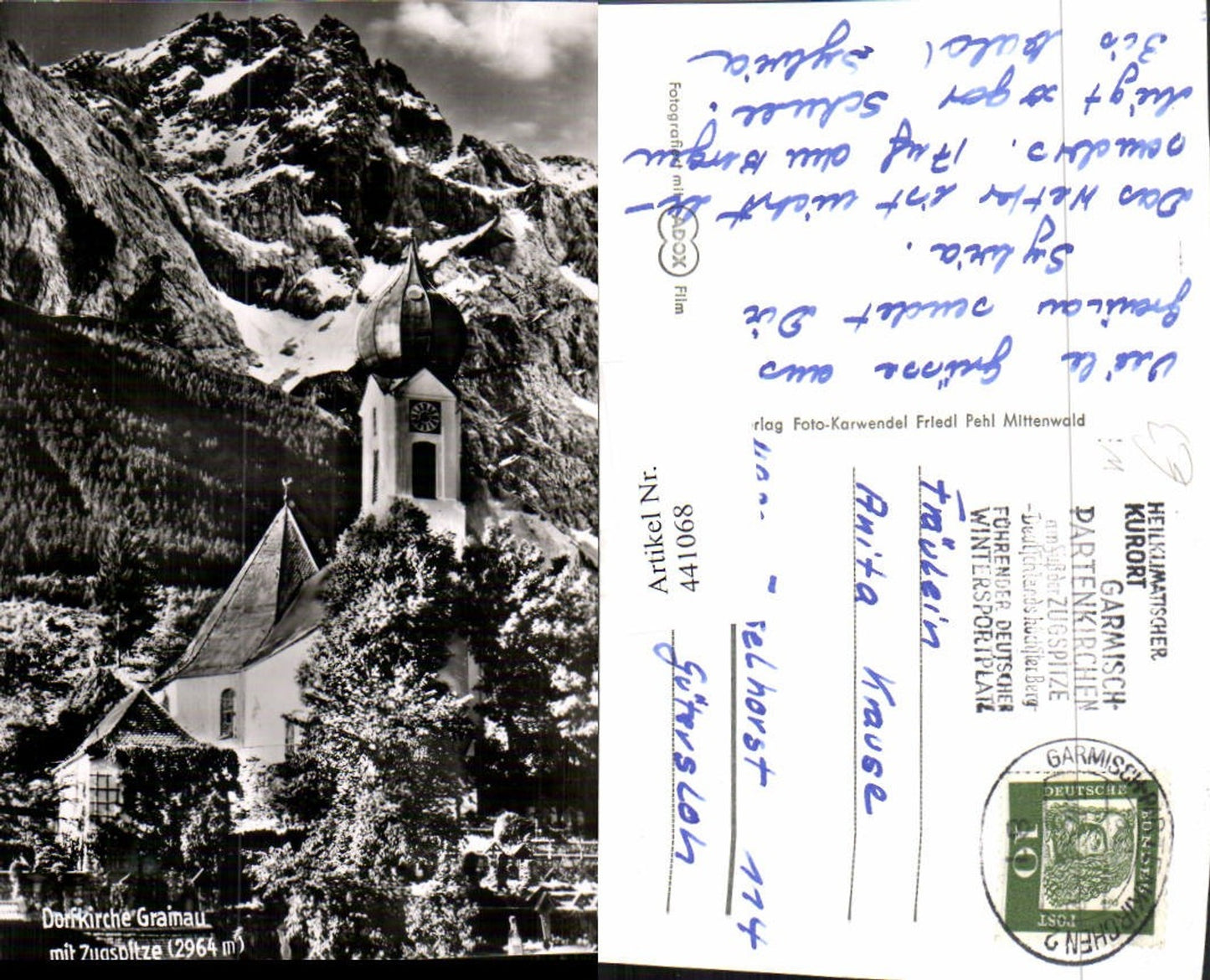 441068,Grainau Dorfkirche Kirche m. Zugspitze Bergkulisse