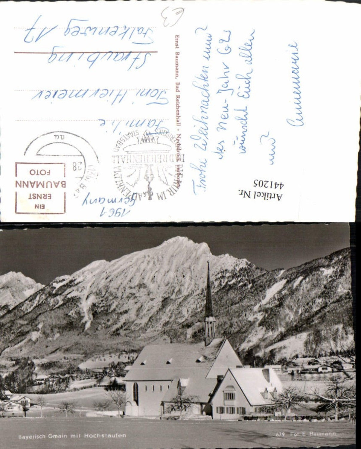 441205, Bayerisch Gmain Church with Hochstaufen mountain backdrop, winter scene