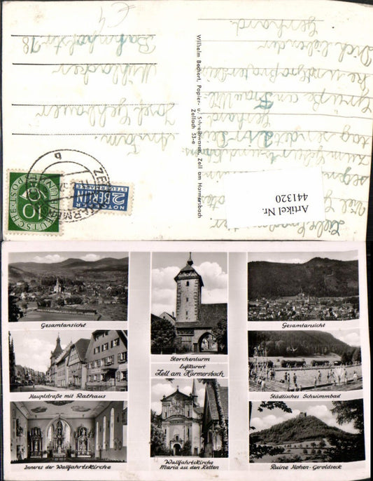 441320, Zell am Harmersbach, Total swimming pool, church, stork tower, multi-view postcard